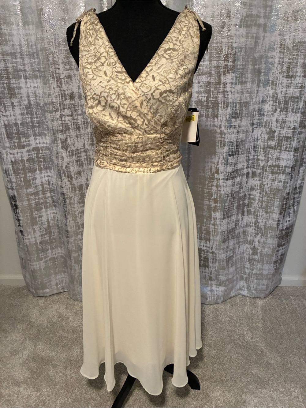 Studio Collection Gold Lace Bodice Ivory Chiffon Evening Dress